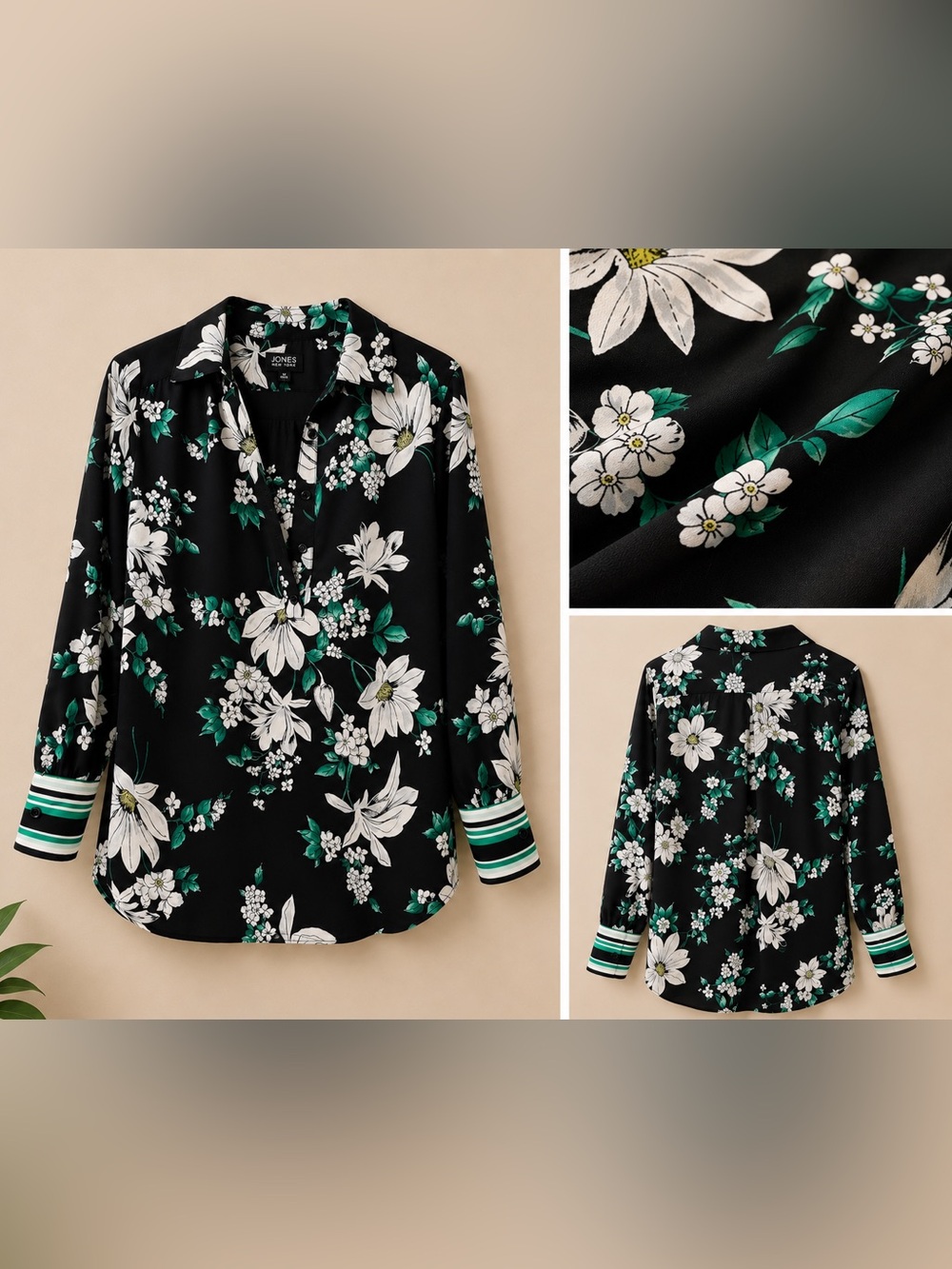 Jones New York Black Floral Sheer Blouse | Size Medium | Green & White Print